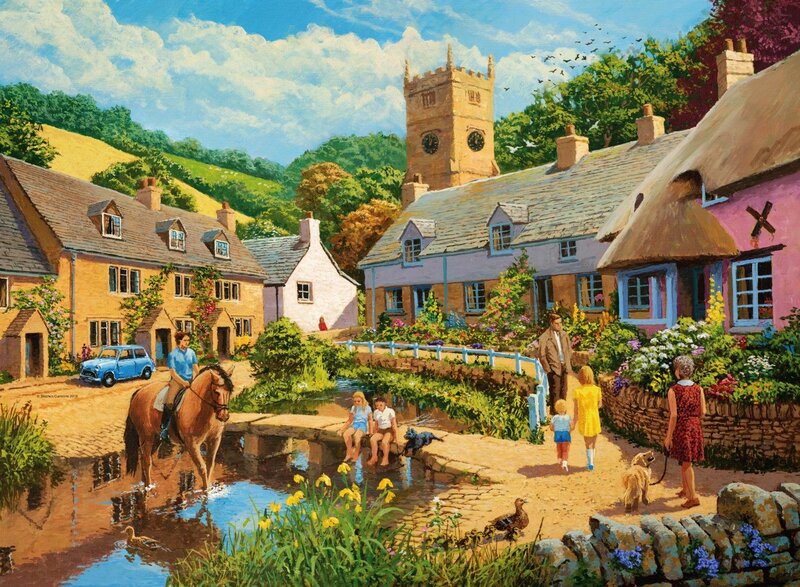 Village Scene with People — Blue, Peaceful, Afternoon, Painting, Horse