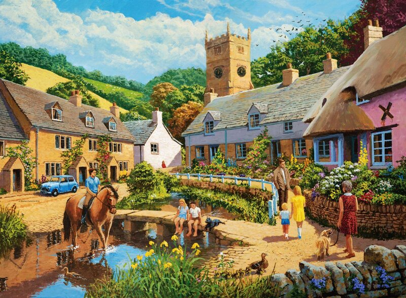 Village Scene with People — Blue, Peaceful, Afternoon, Painting