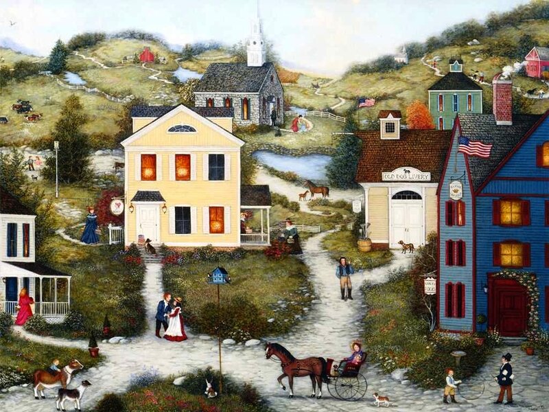 Village Scene with People — Blue