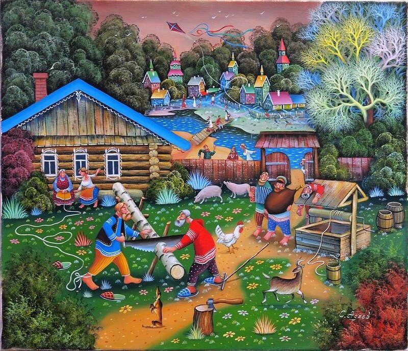 Village Scene with People — Green, Lively