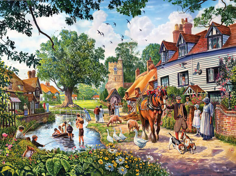 Village Scene with People — Green, Peaceful, Afternoon, Illustration