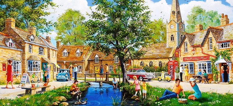 Village Scene with People — Green, Peaceful, Afternoon, Painting