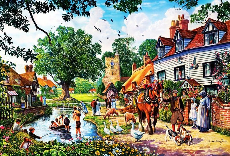 Village Scene with People — Green, Peaceful