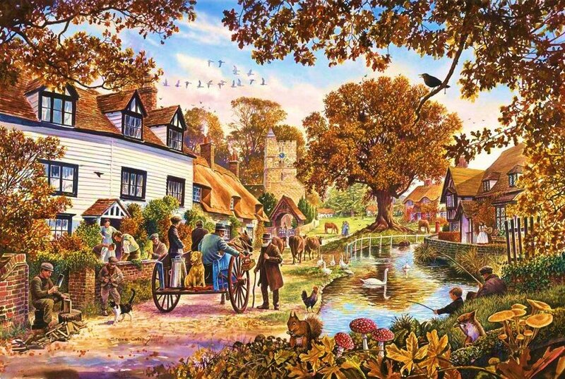 Village Scene with People — Orange