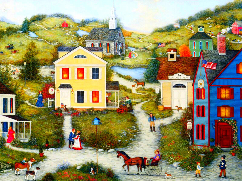 Village Scene with People — Yellow