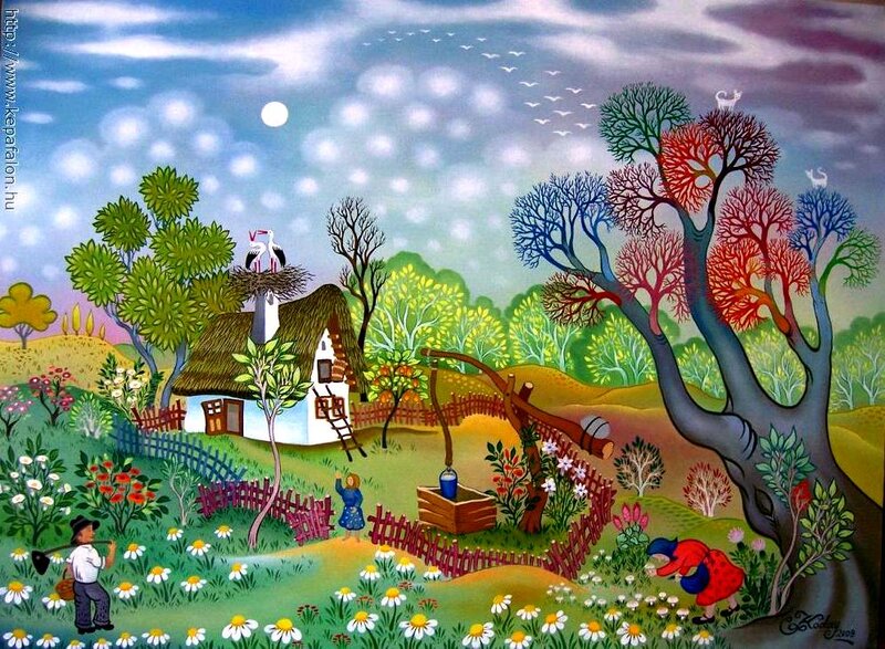 Village Scene with Storks