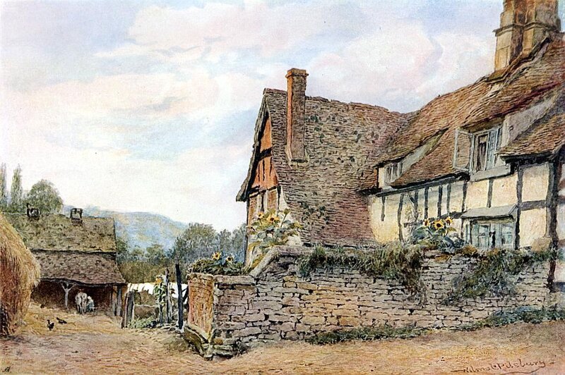 Village scene with thatched cottages