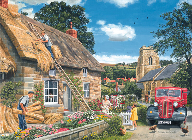 Village scene with thatched roof