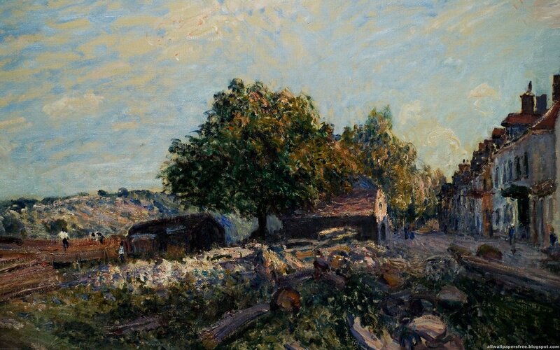 Village scene with trees and buildings