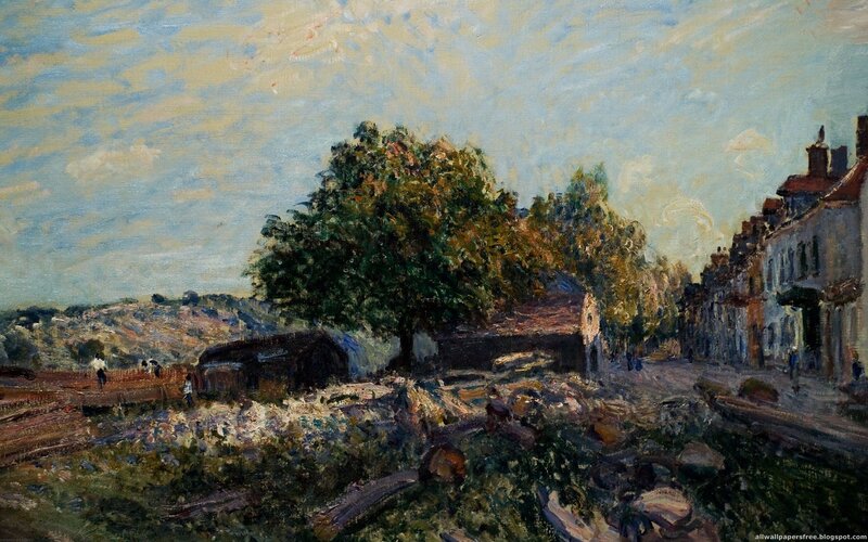 Village scene with trees and buildings