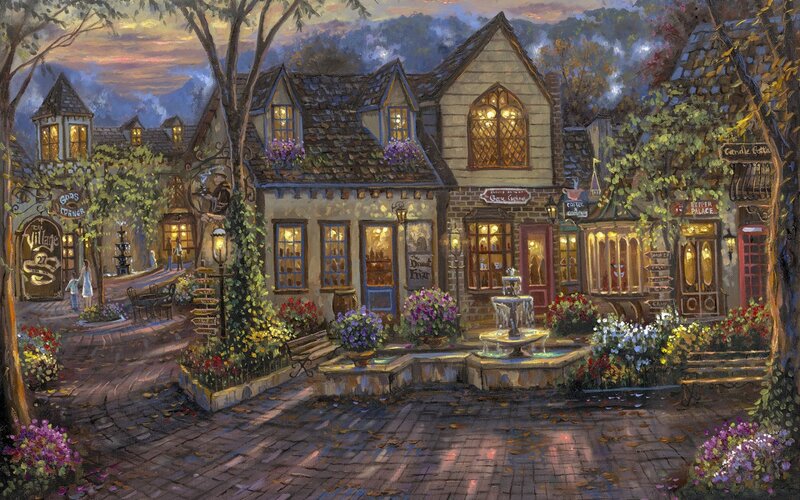 Village Square at Dusk — Purple, Serene, Sunset