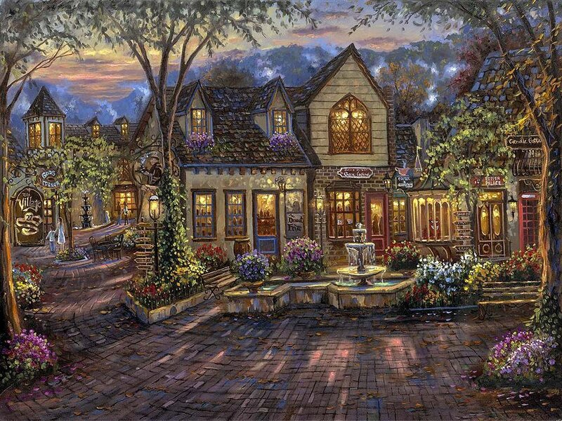 Village Square at Dusk — Purple, Serene