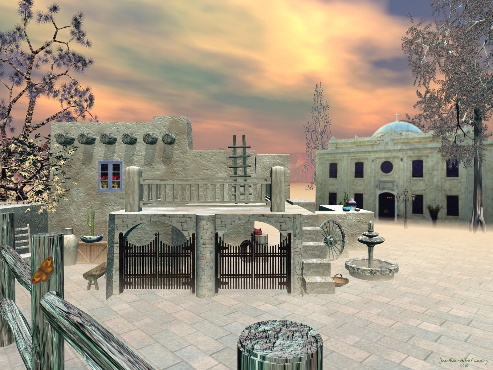 village square at sunset