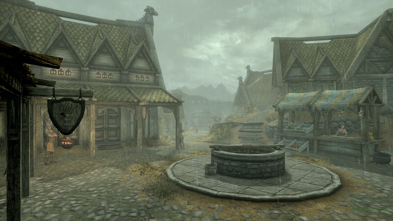 Village Square in Rain
