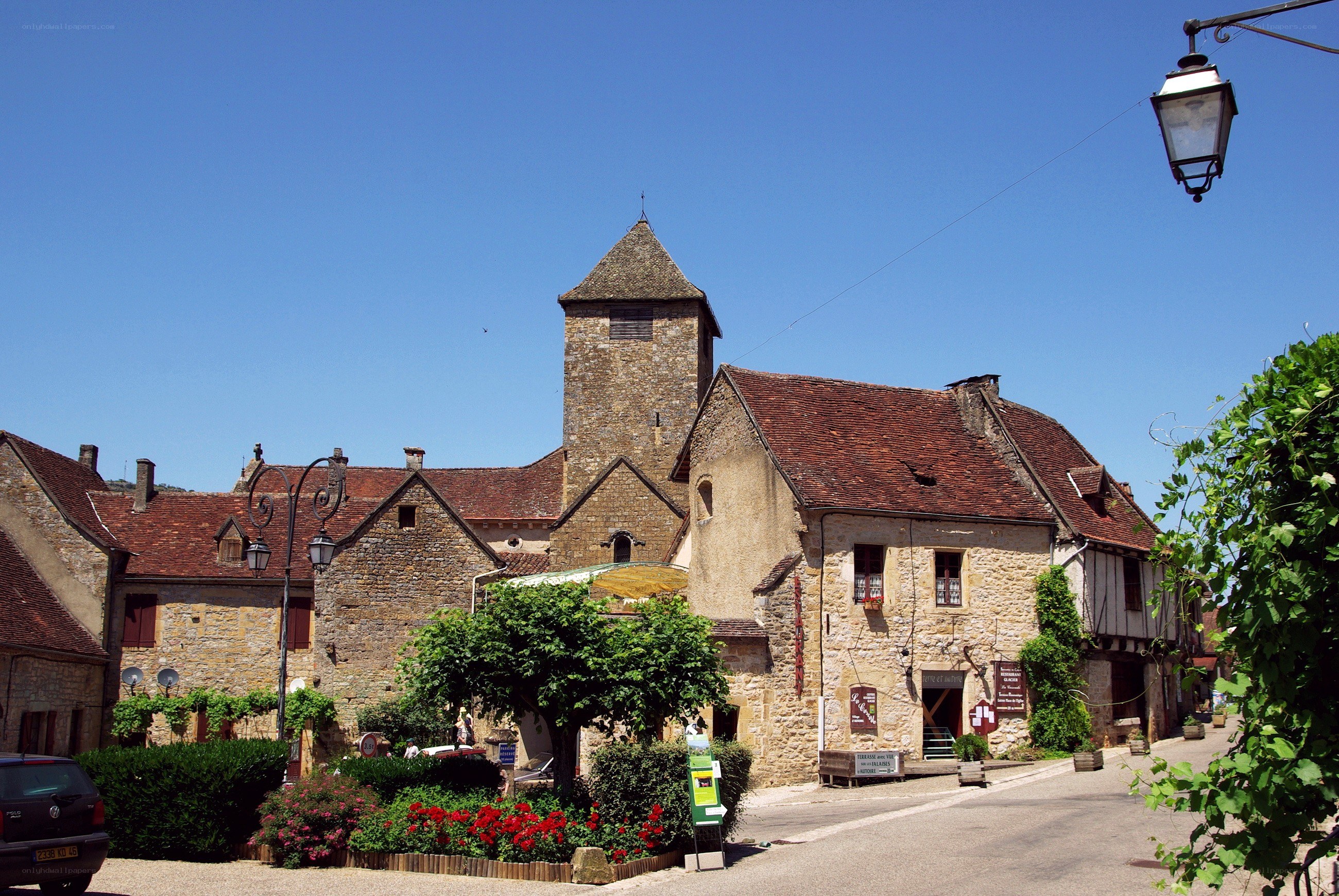 Village square with stone buildings