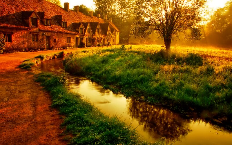 Village Stream at Sunrise — Green, Serene