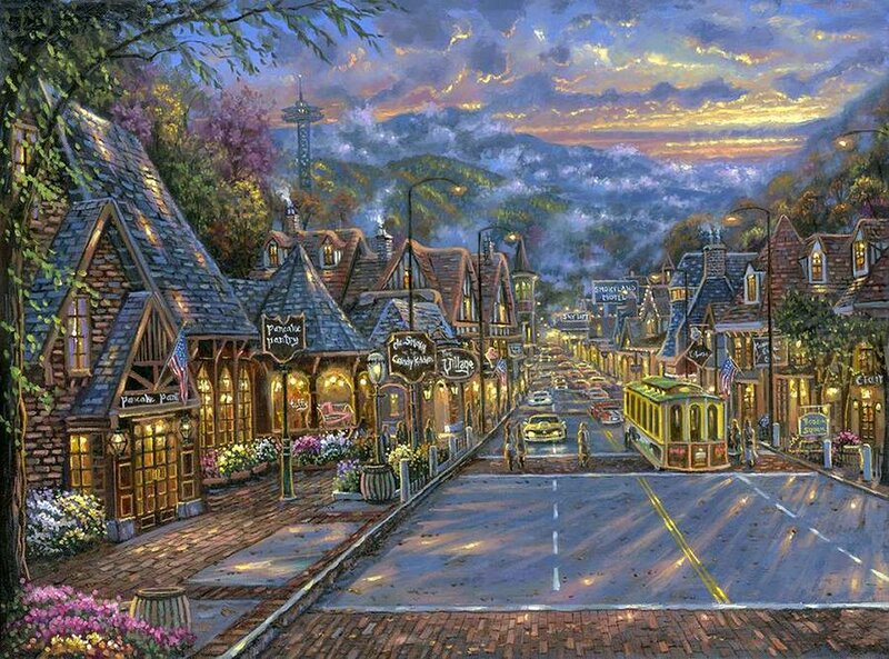 Village Street at Dusk — Blue