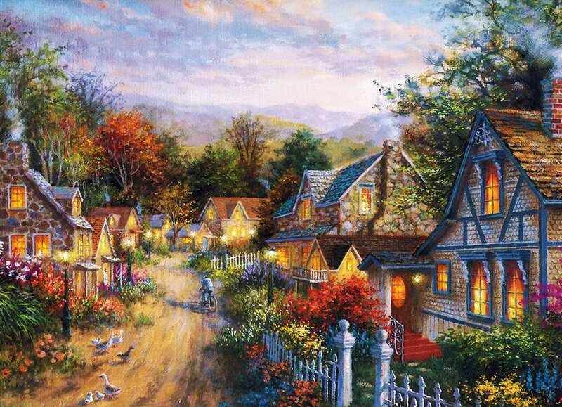 Village Street at Dusk — Yellow