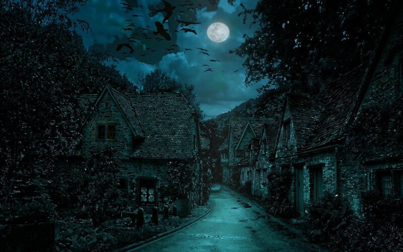 Village Street at Night — Blue, Dark, Digital Art, Moon, Birds