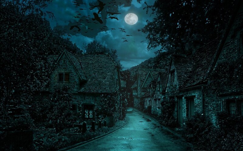 Village Street at Night — Blue, Dark, Digital Art, Moon