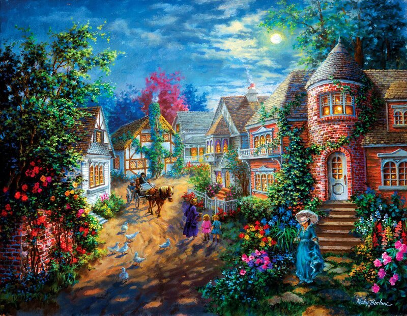 Village Street at Night — Blue