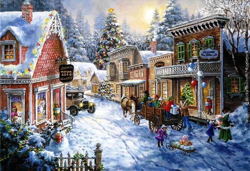 Village Street in Winter — White, Festive, Painting