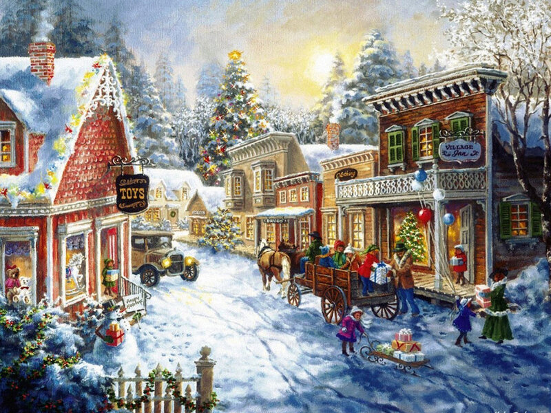 Village Street in Winter — White, Festive