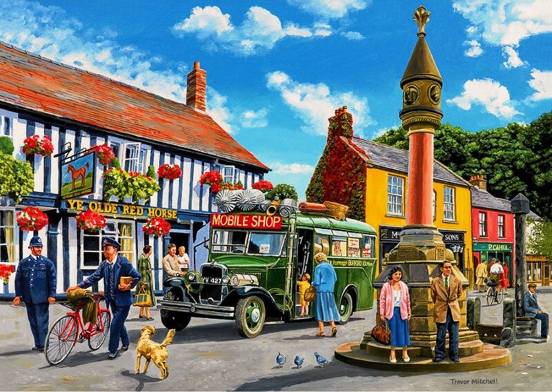 Village Street Scene — Blue, Cheerful