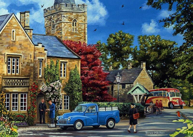 Village Street Scene — Blue, Peaceful, Afternoon, Painting