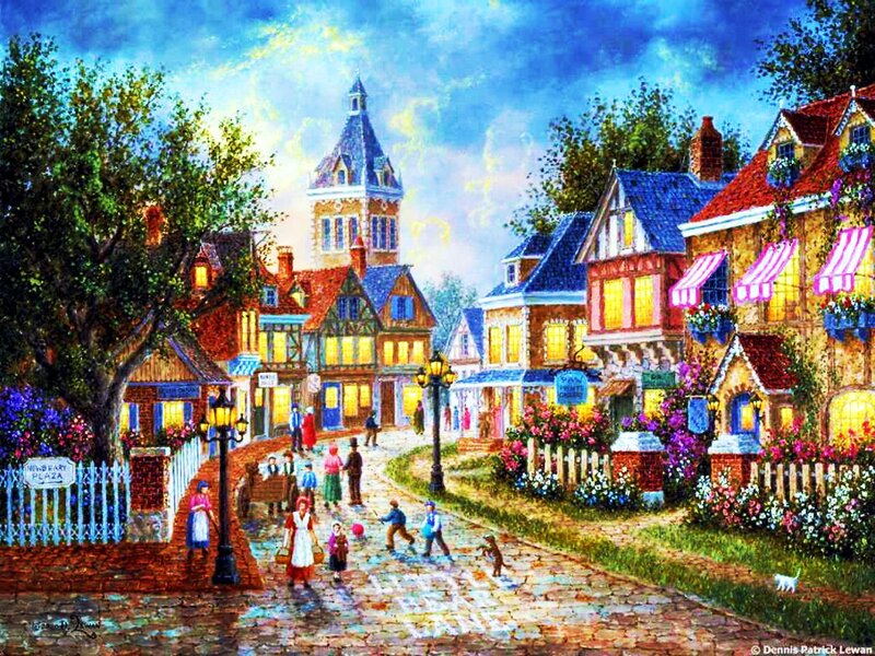 Village Street Scene — Blue, Peaceful, Night