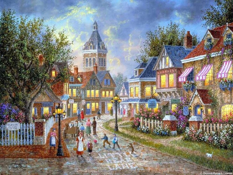 Village Street Scene — Blue, Peaceful, Sunset, Painting