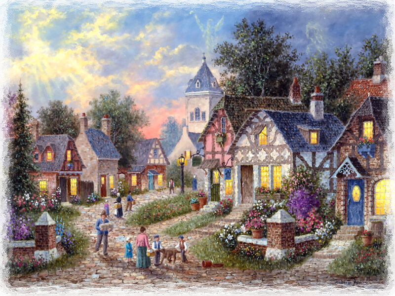 Village Street Scene — Blue, Peaceful, Sunset