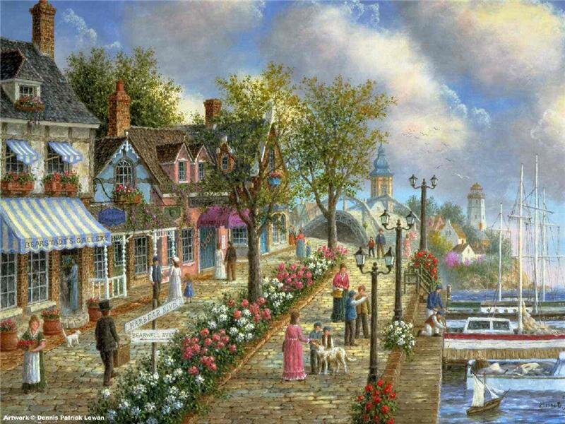 Village Street Scene — Blue, Peaceful