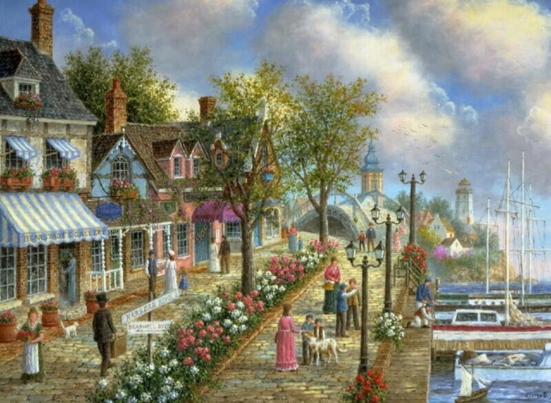 Village Street Scene — Blue