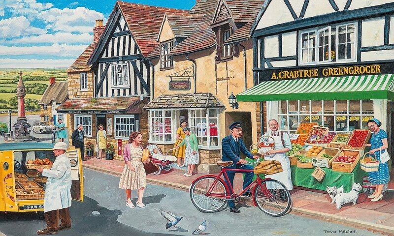 Village Street Scene — Green, Lively