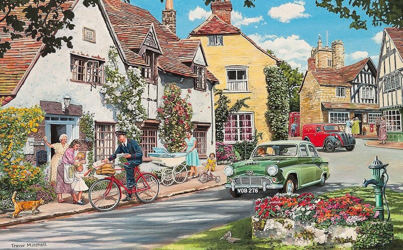 Village Street Scene — Green, Peaceful, Afternoon, Illustration