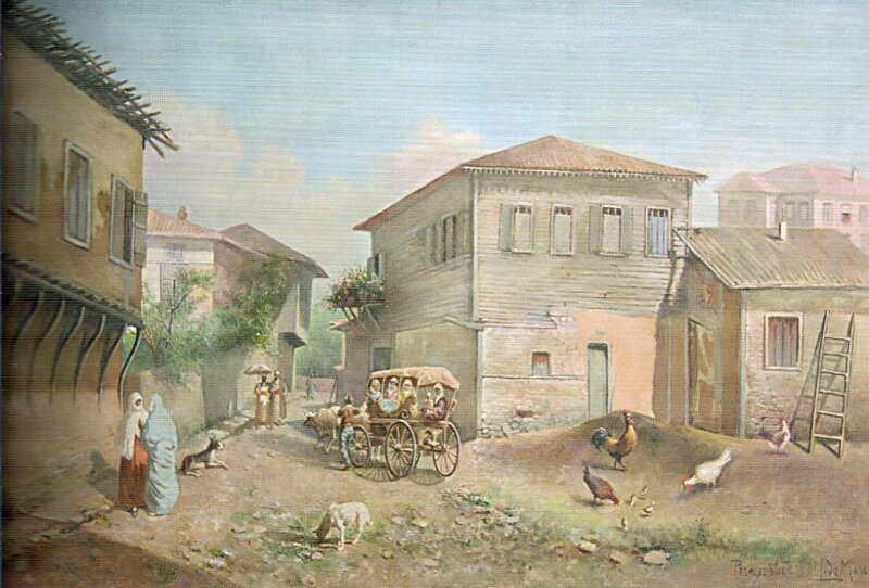 Village street scene painting