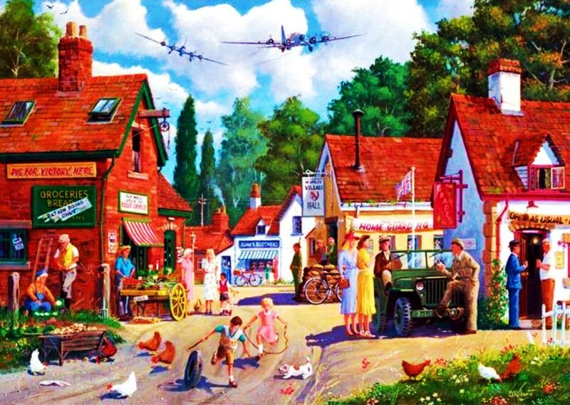 Village Street Scene — Red, Peaceful
