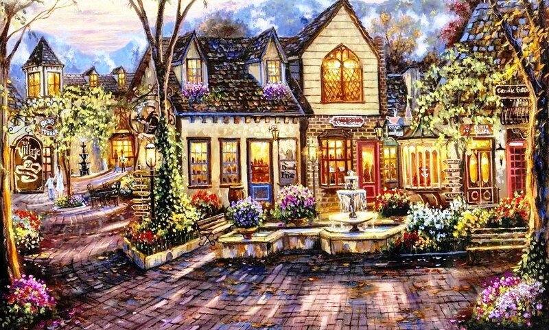 Village Street Scene — Yellow, Peaceful