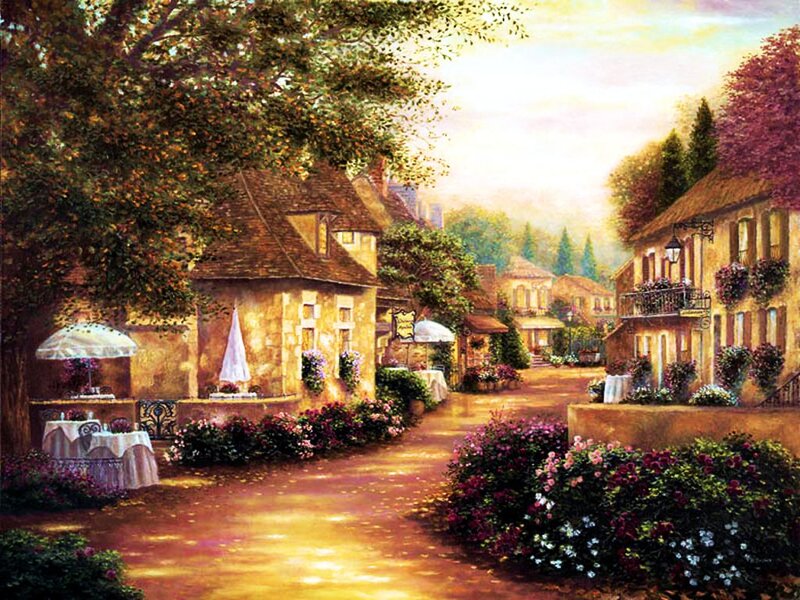 Village Street with Cafes