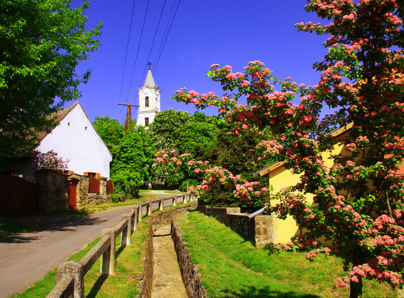 Village Street with Church — Blue