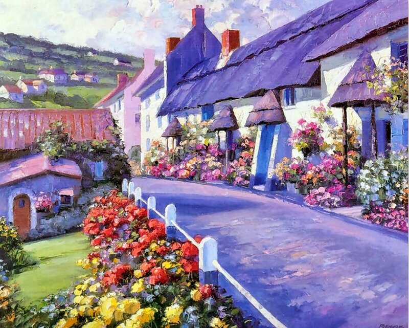 Village Street with Flowers — Purple
