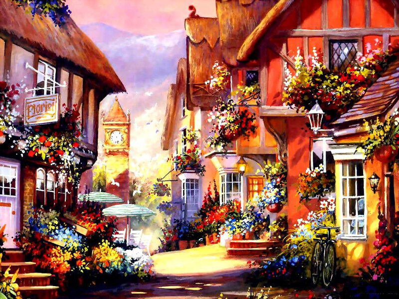 Village Street with Flowers