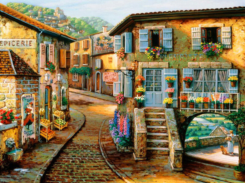 Village Street with Flowers — Yellow
