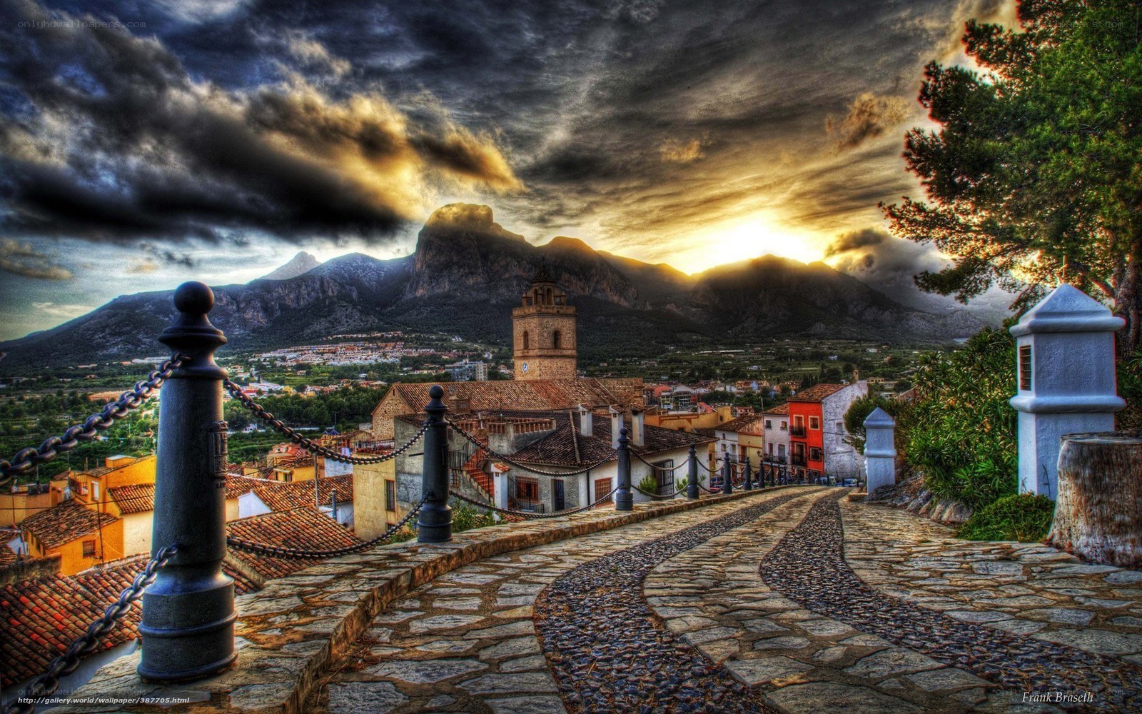 village street with mountain backdrop