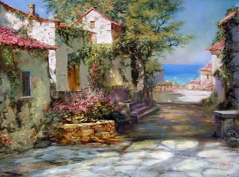 Village Street with Sea View — Blue