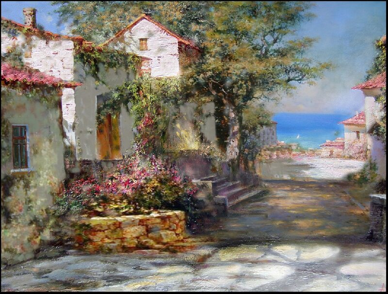 Village Street with Sea View — White
