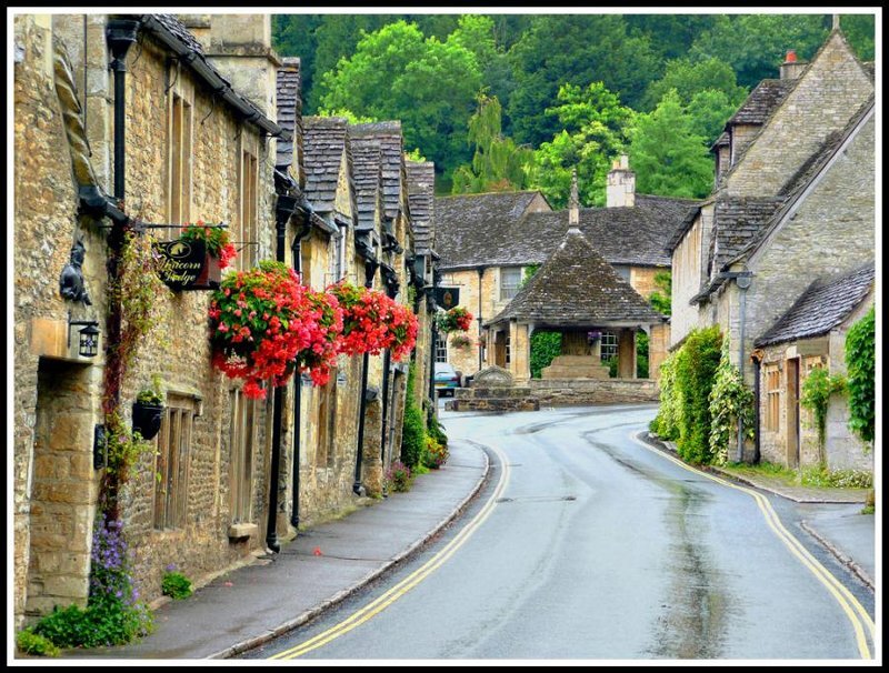 Village Street with Stone Buildings — Brown