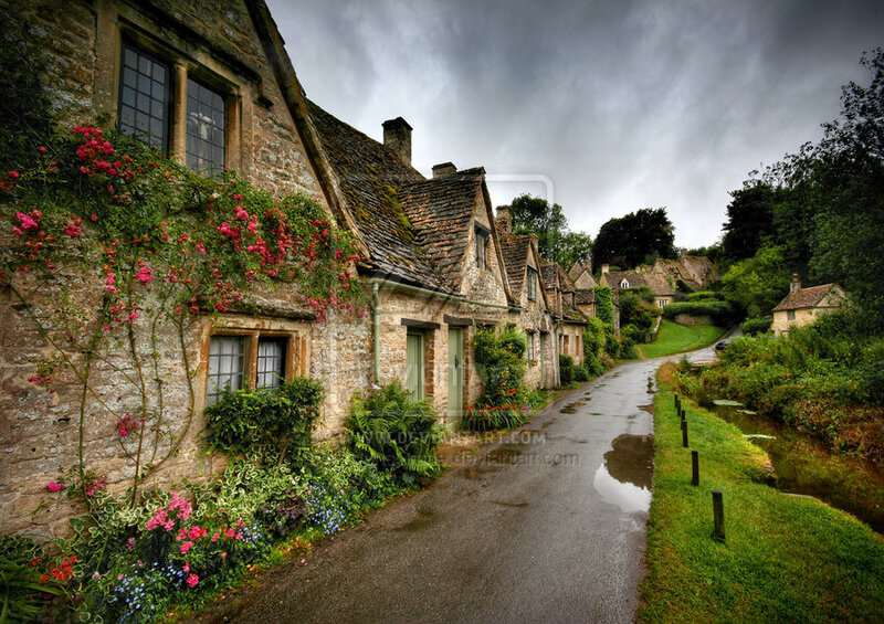 Village Street with Stone Houses — Green, Dramatic, Afternoon