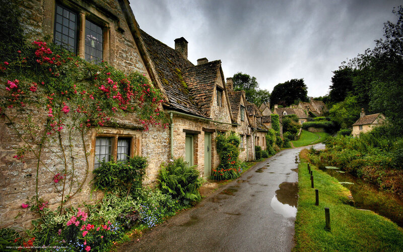 Village Street with Stone Houses — Green, Dramatic